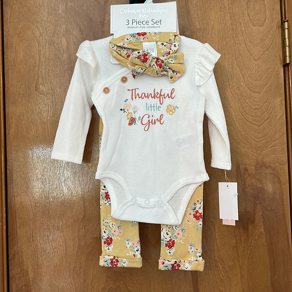 3 piece long sleeve thermal Thankful baby girl set